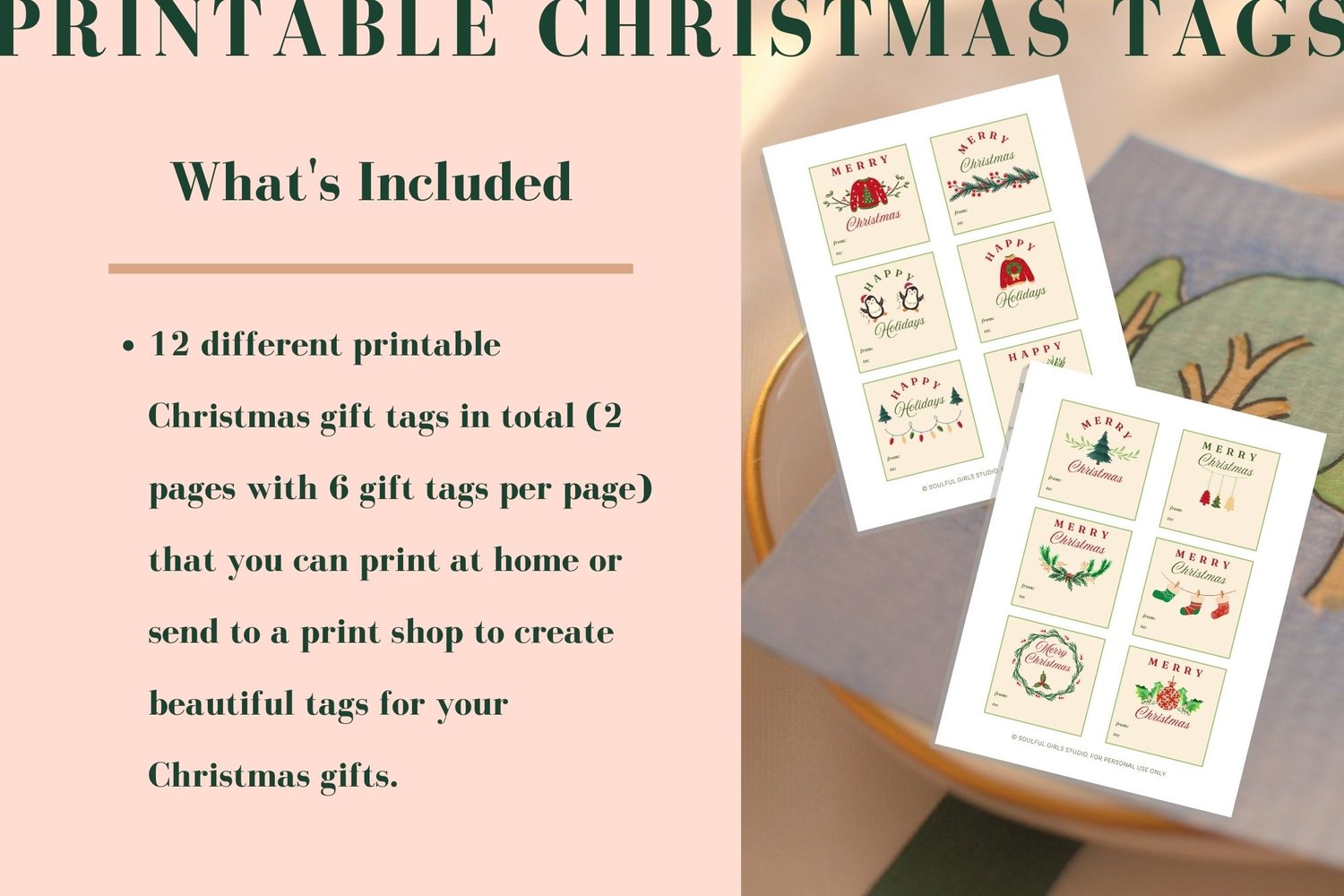 This printable Christmas gift tag collection includes 12 different gift tag designs.