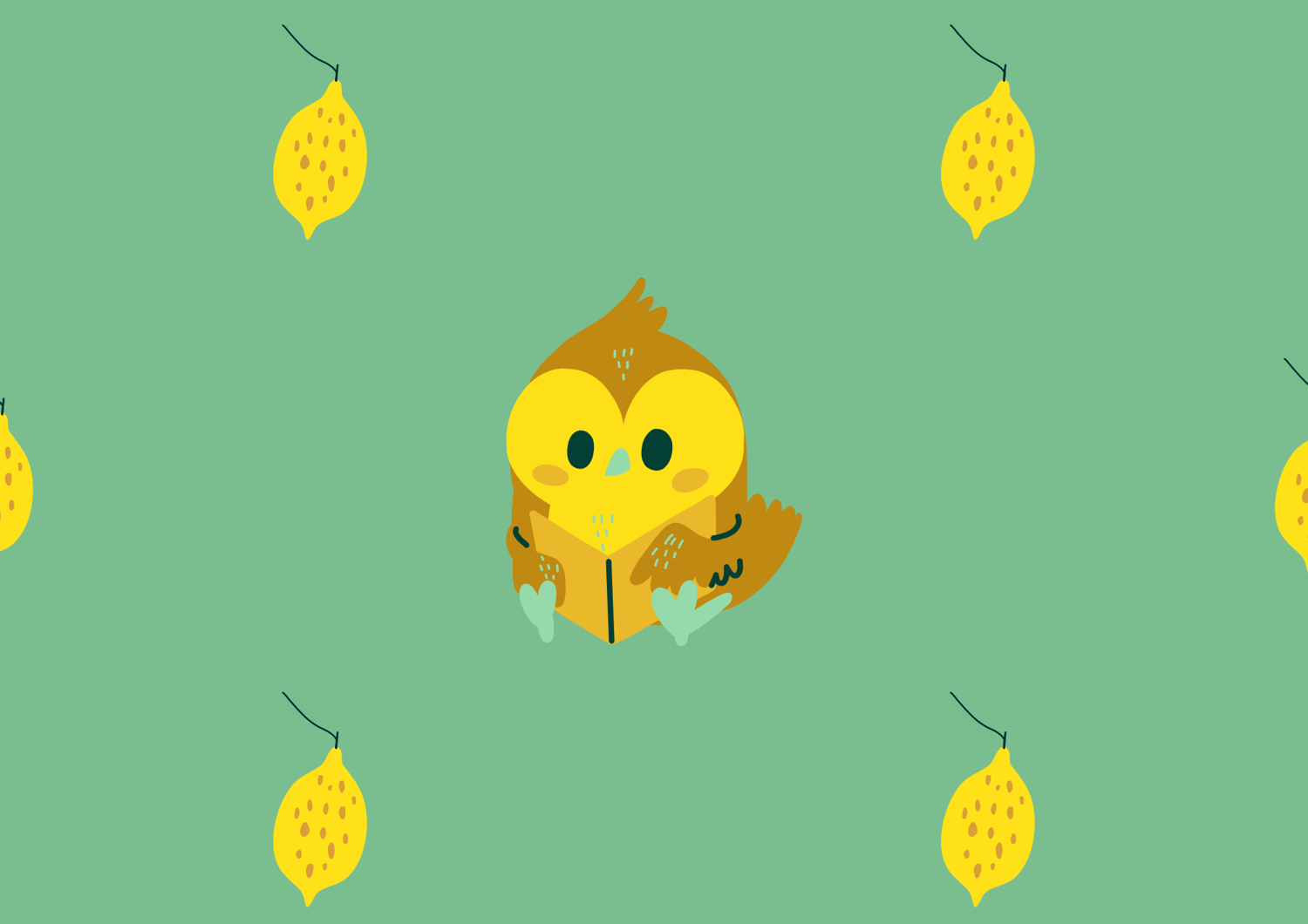 Ilustración búho lector-fondo limones