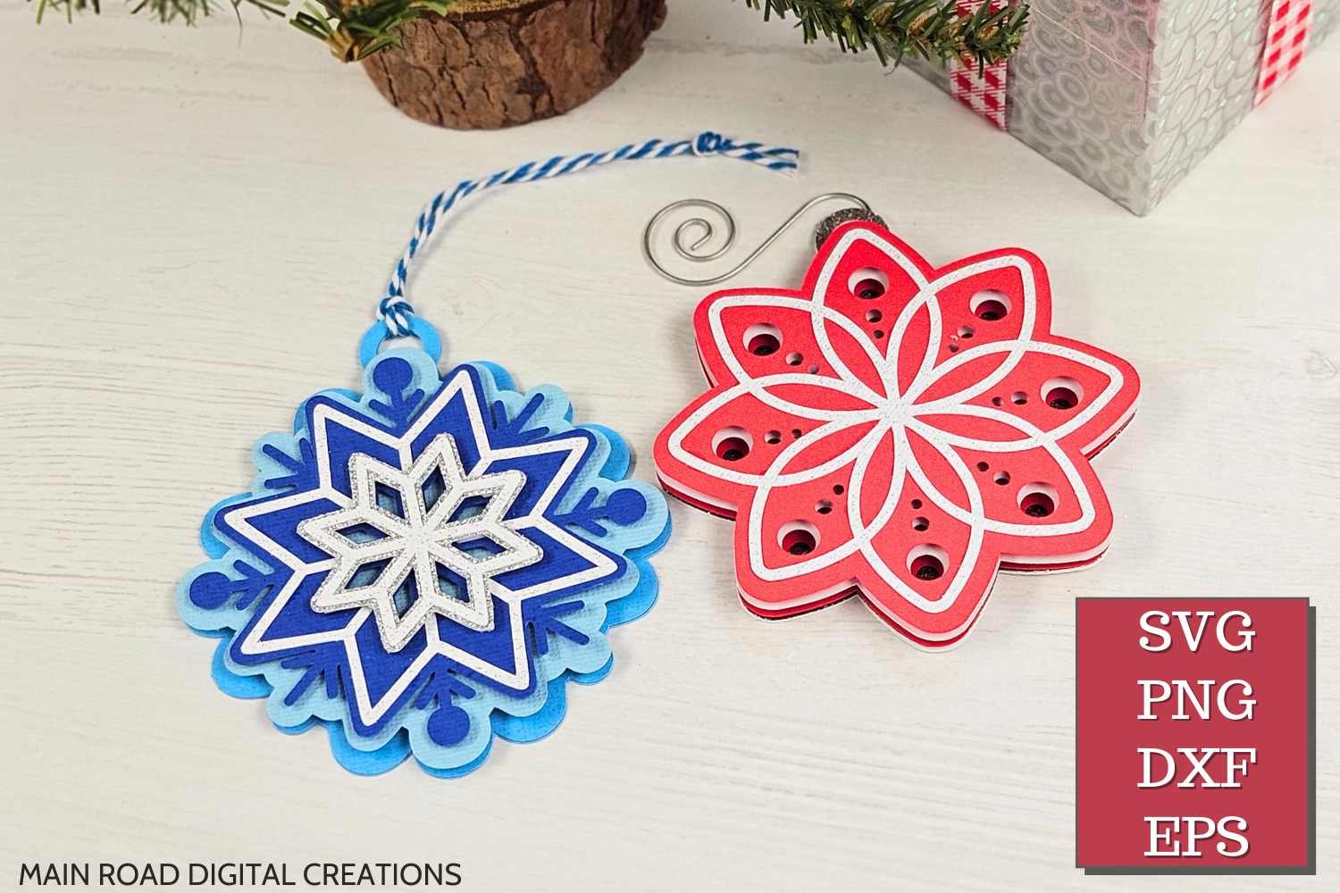 Layered ornament SVGs including a blue snowflake and red mandala flower design—crafted with cardstock using Cricut for Christmas decor and gifts