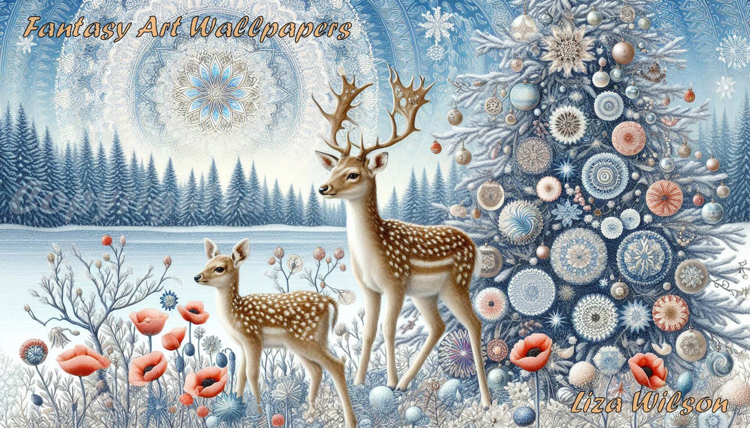 .Deer, fawns, spirograph, christmas trees, frosty lakes, humming birds, flowers, trees, christmas wallpaper, winter wallpapers