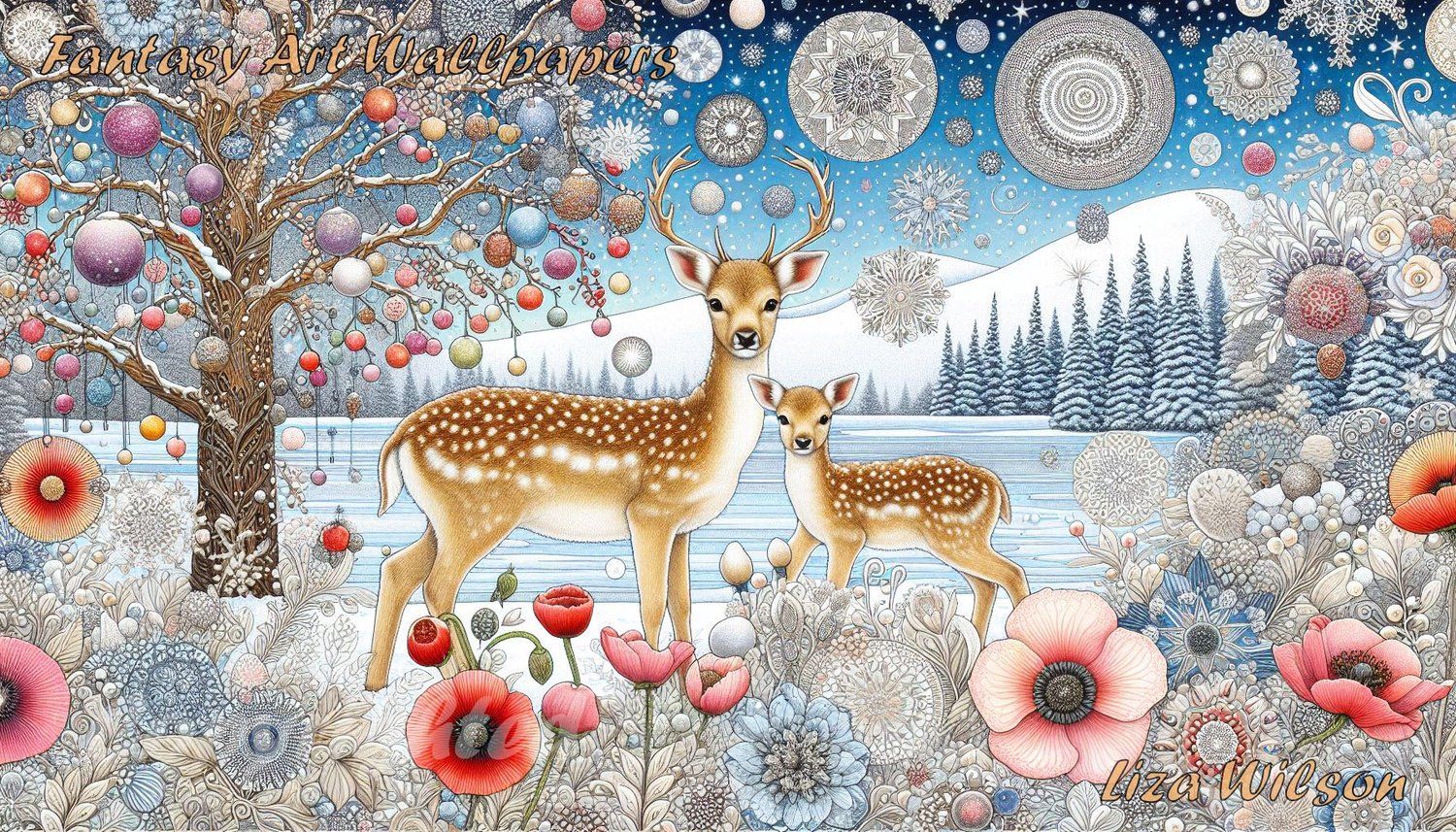 Deer, fawns, spirograph, christmas trees, frosty lakes, humming birds, flowers, trees, christmas wallpaper, winter wallpapers