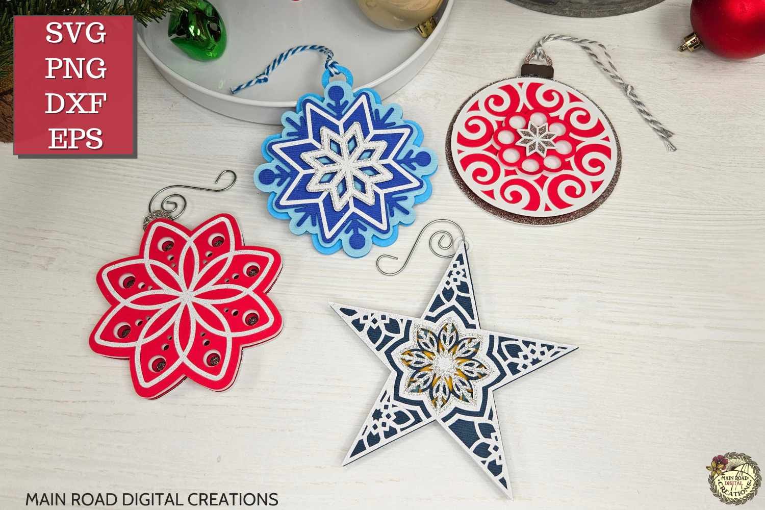Mandala Christmas ornament SVG designs including star, snowflake, and layered ball shapes—perfect for Cricut paper crafts and holiday decorations