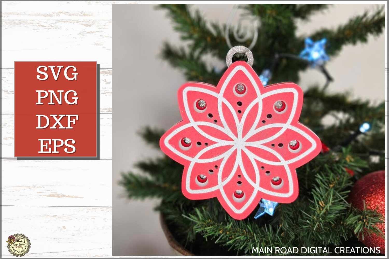 Layered mandala ornament SVG in red and white with glitter accents, hanging on a Christmas tree—perfect for Cricut paper crafting and holiday decor