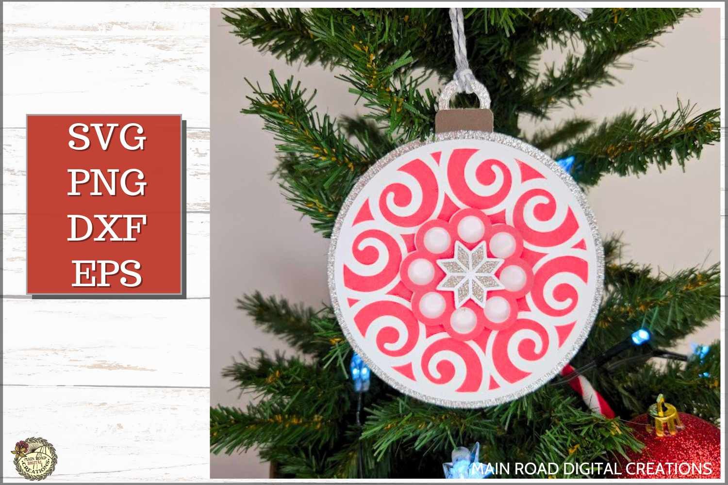 Layered Christmas bulb ornament SVG with swirls and star center, made from cardstock and glitter paper—shown hanging on a decorated Christmas tree