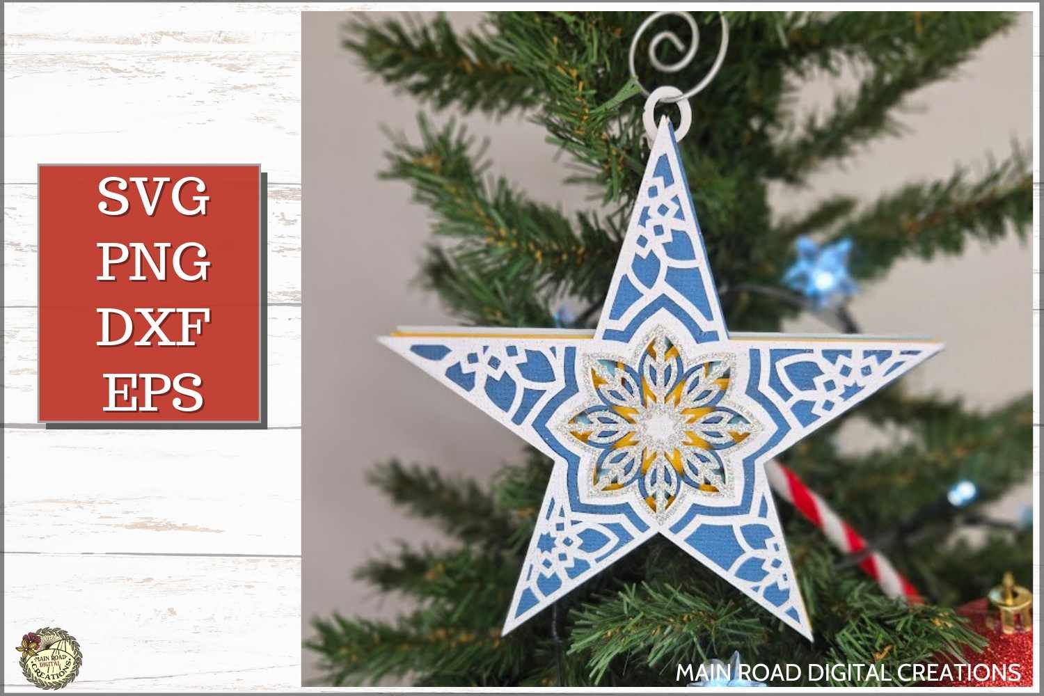 Layered star ornament SVG design hanging on Christmas tree, made with cardstock using Cricut or Silhouette—perfect for handmade holiday decor
