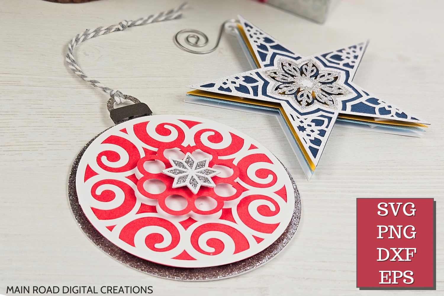 Layered Christmas ornament SVGs including a red swirl bulb and a blue mandala star—made from glitter cardstock for Cricut paper crafting and holiday decor