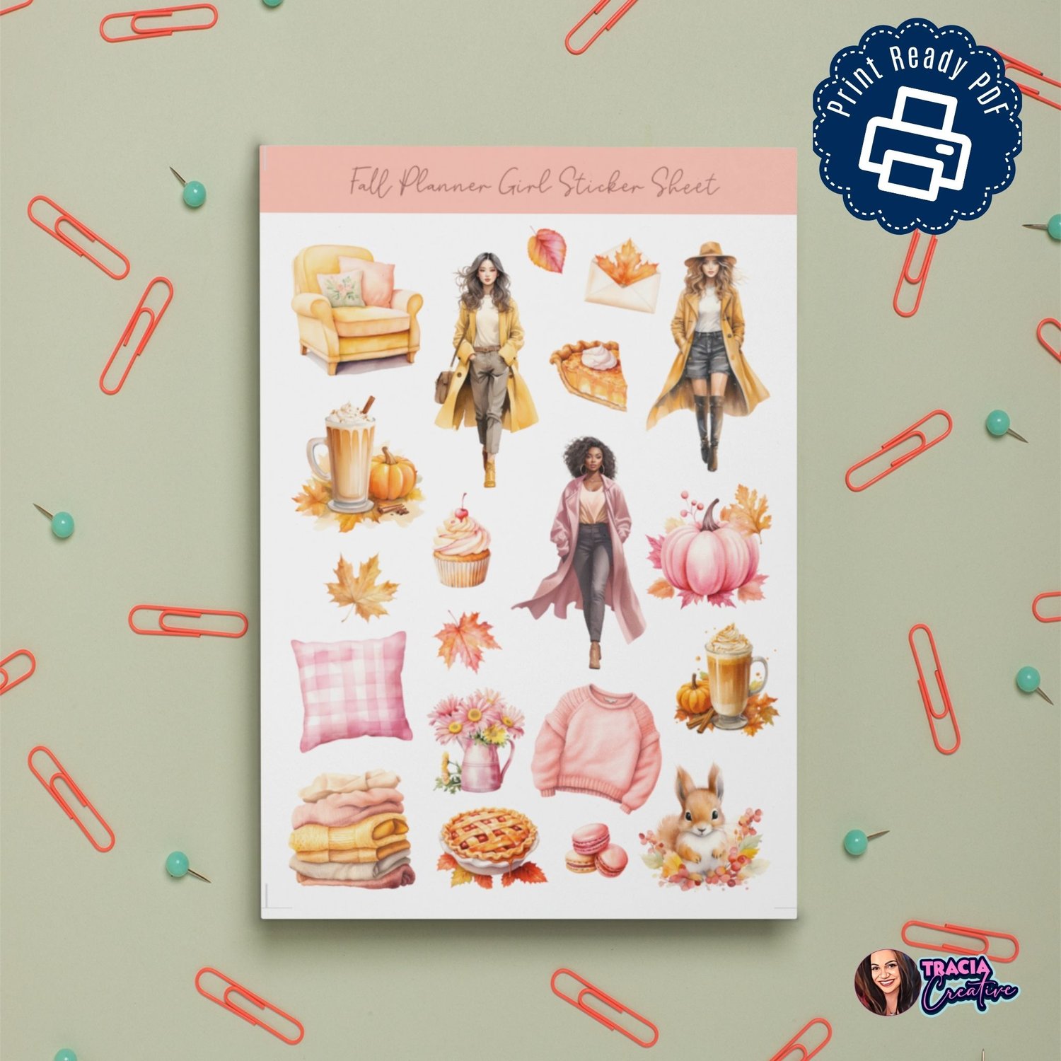 Fall Planner Girl Sticker Sheet - 38 Adorable Autumn Stickers for Planners & Journals