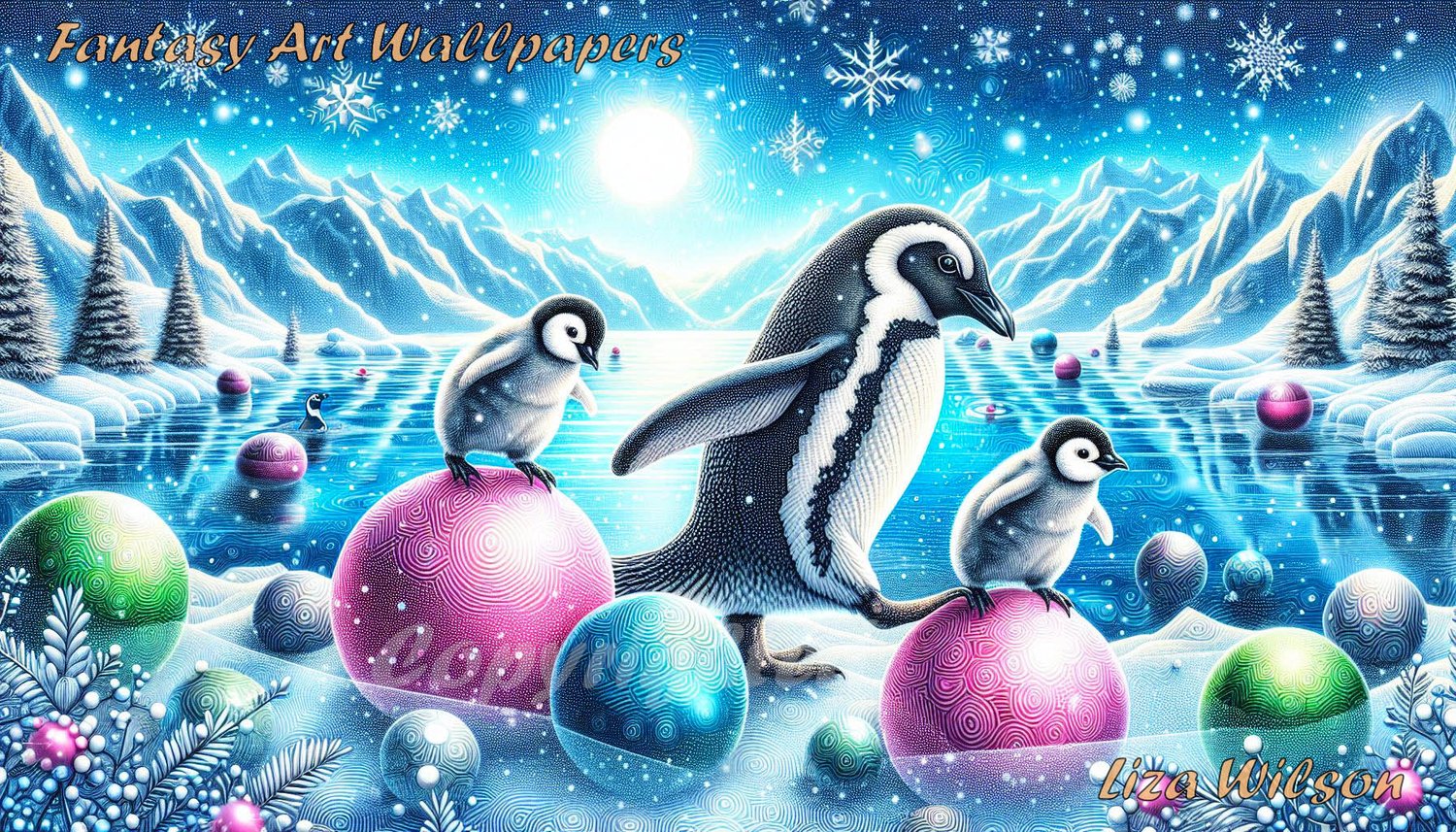 christmas wallpaper with cute baby penguins & penguins, balancing on colourful christmas baubles. There are snowy mountains, icy lakes & snowy trees. christmas winter wallpapers for download.