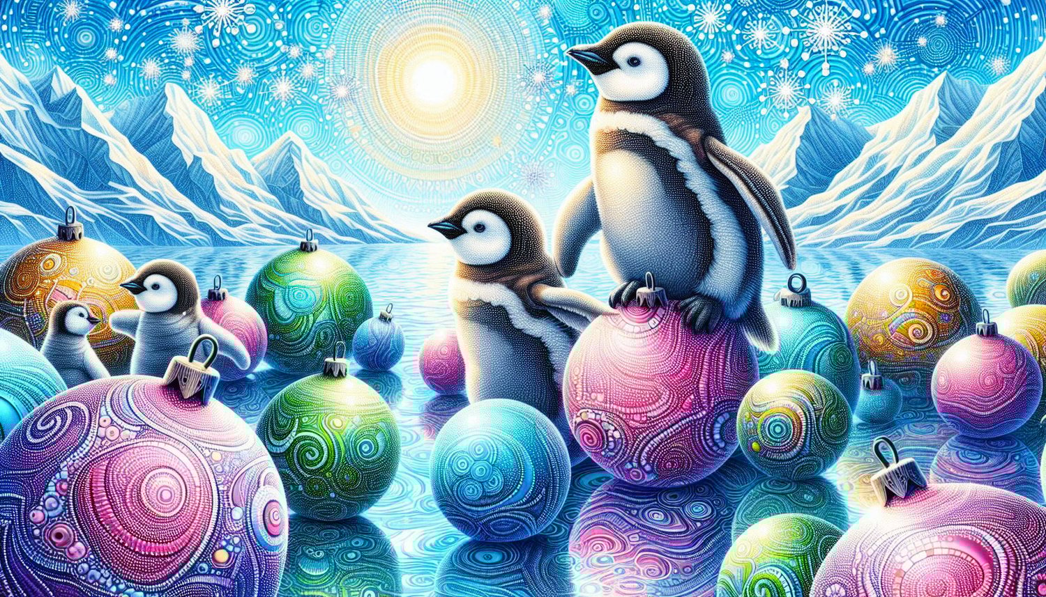 christmas wallpaper with cute baby penguins & penguins, balancing on colourful christmas baubles. There are snowy mountains, icy lakes & snowy trees. christmas winter wallpapers for download.