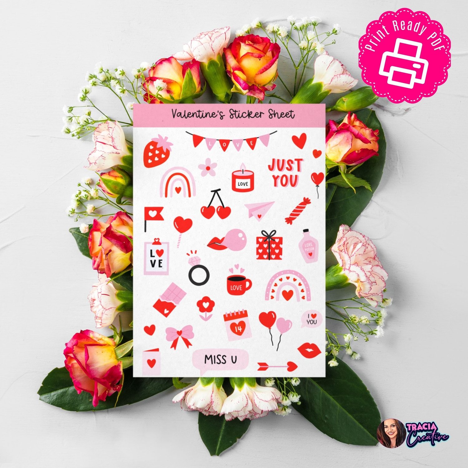 Red Valentines Day Sticker Sheet - 60+ Cute Love Stickers for Cards & Crafts