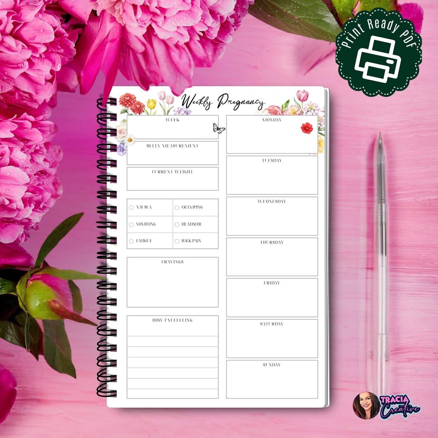 Weekly Pregnancy Tracker | Floral Design | Instant Download PDF | Pregnancy Journal
