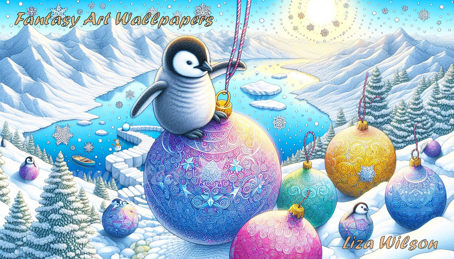 christmas wallpaper with cute baby penguins & penguins, balancing on colourful christmas baubles. There are snowy mountains, icy lakes & snowy trees. christmas winter wallpapers for download.