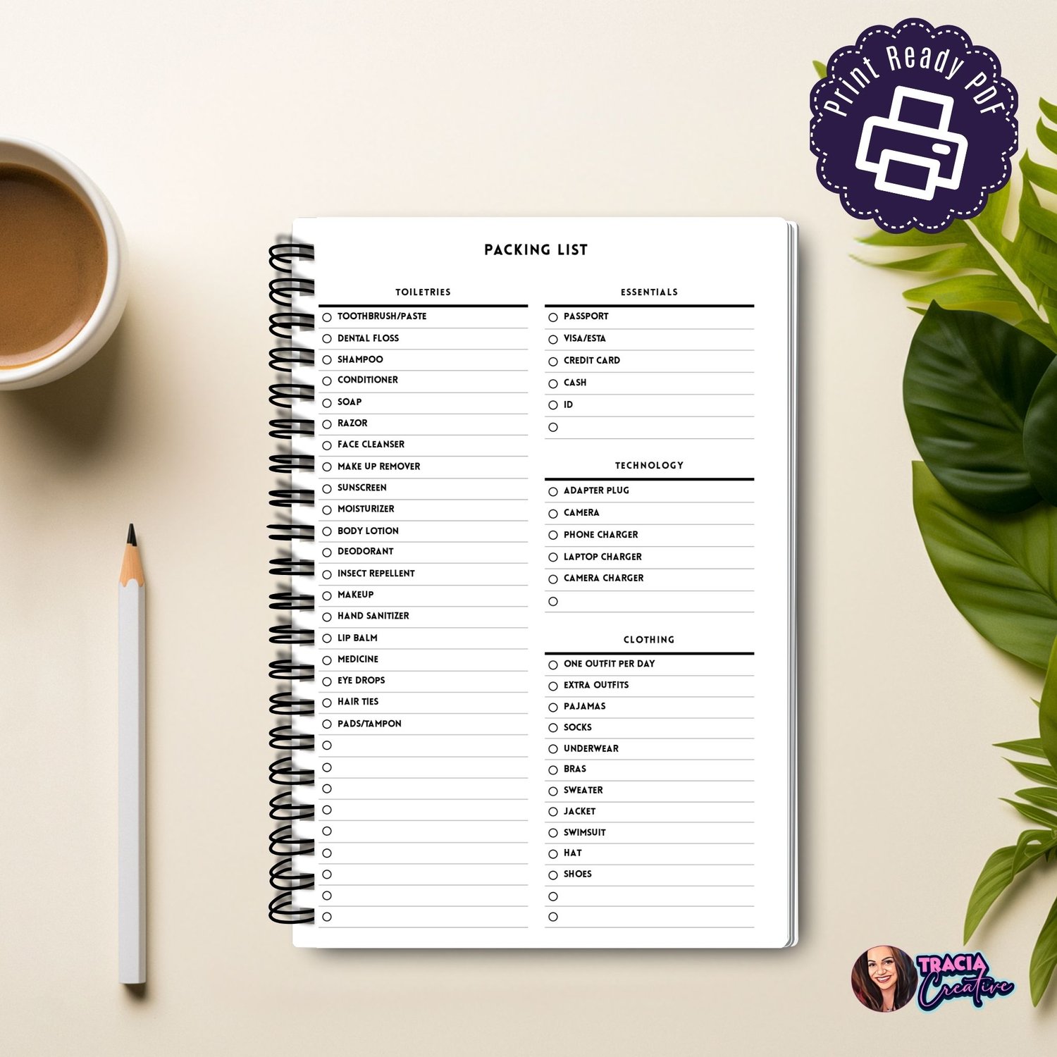 A5 Packing List Travel Planner Insert | Tracia Creative