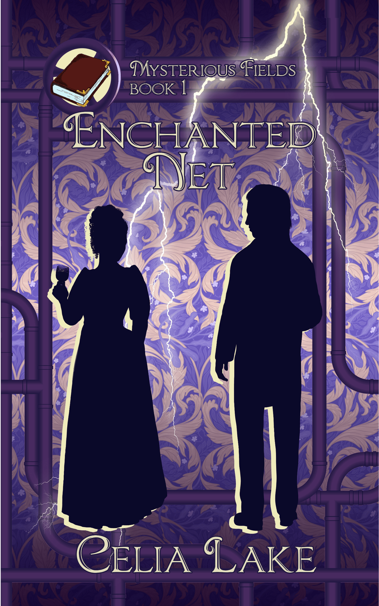 A silhouetted man and woman in Victorian dress stand with their backs to the viewer. She is holding a glass of wine as they look toward each other. The background is a purple damask, crossed by pipes and gears and a streak of lightning, with a book inset