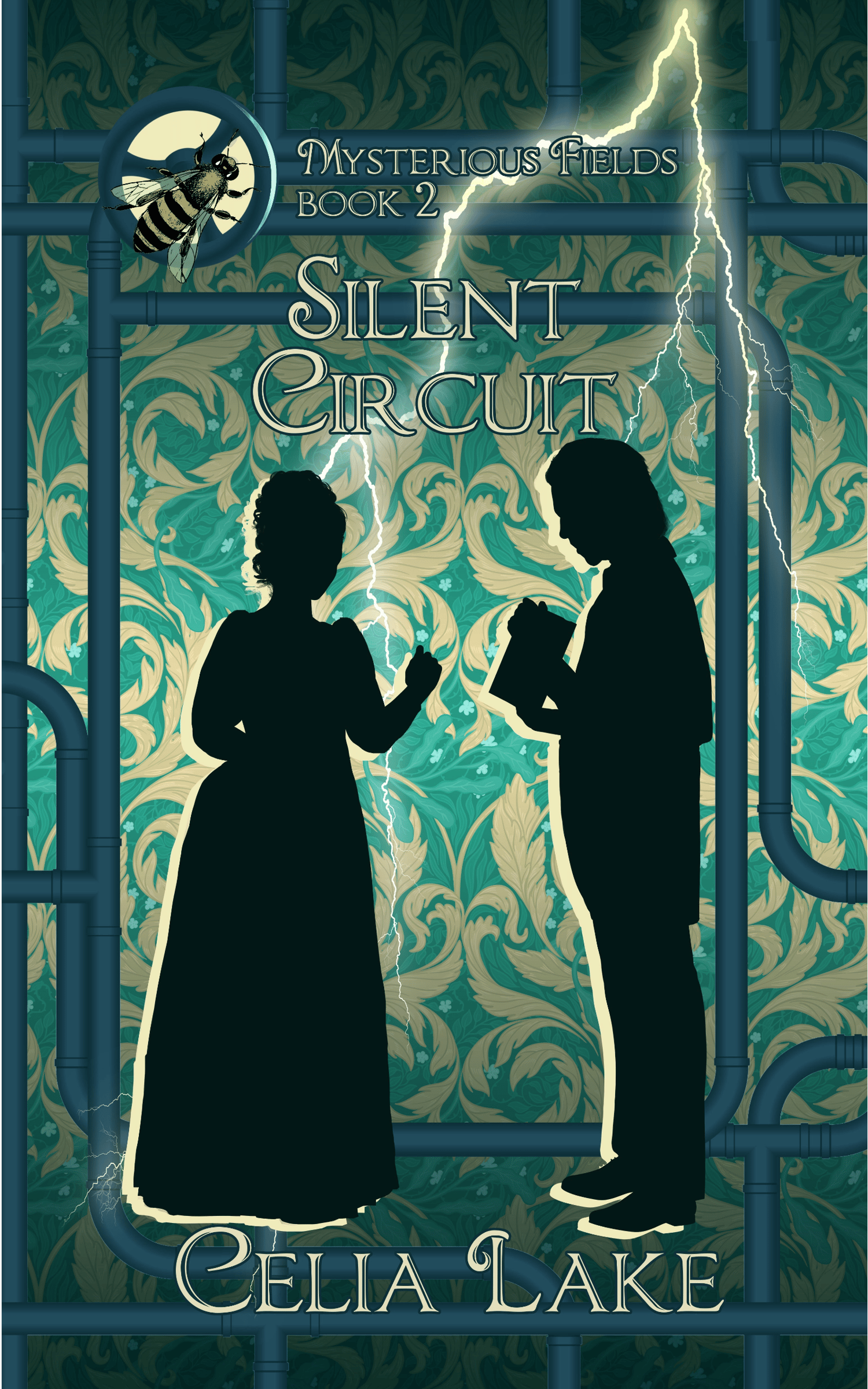 holding a book open for her, as her hand moves to turn a page. They’re on a background of green damask with green pipes, a streak of lightning behind them. A bee is inset on top of a gear in the top left.