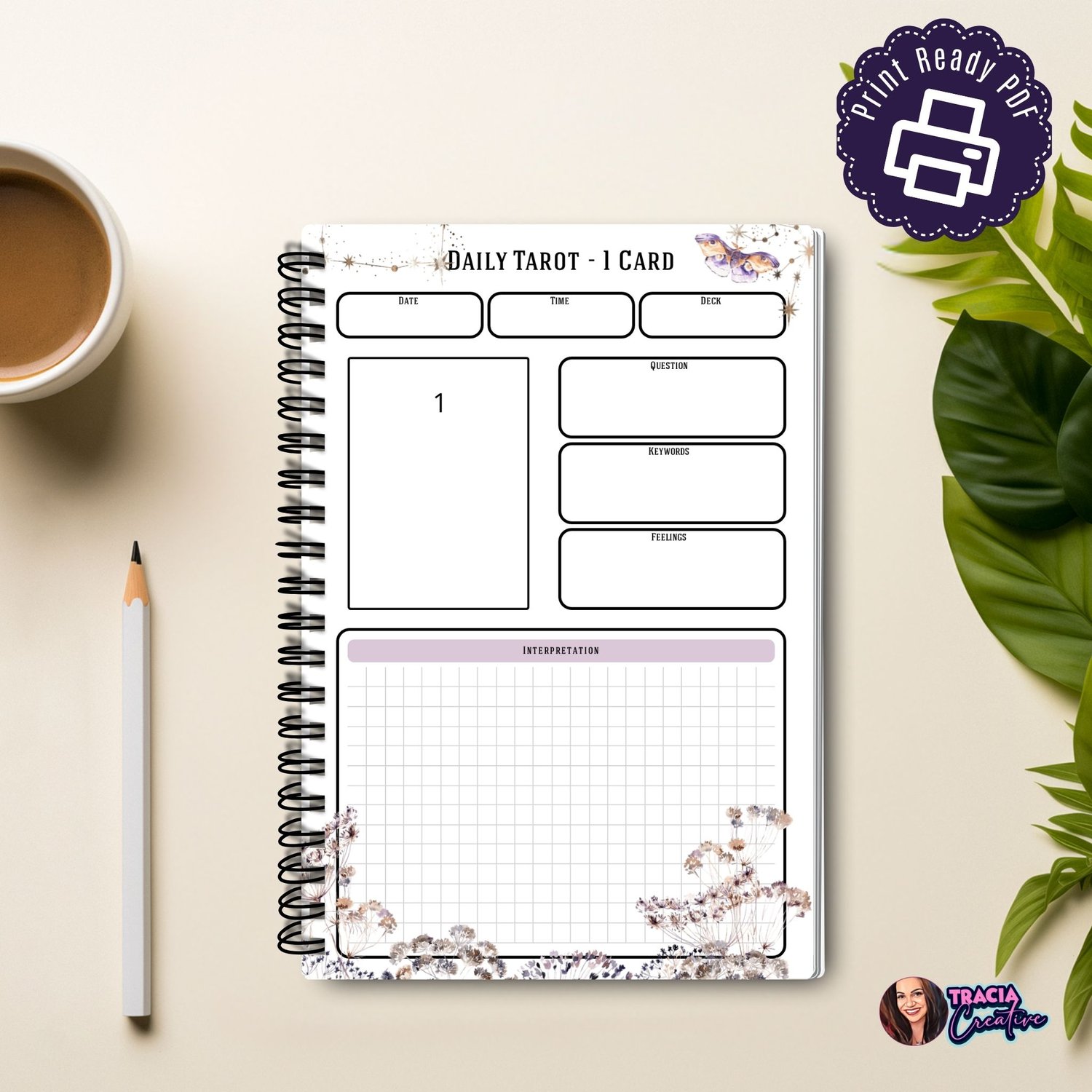 Daily Tarot Card Planner: A5 Printable 1 Card Spread | Tracia Creative