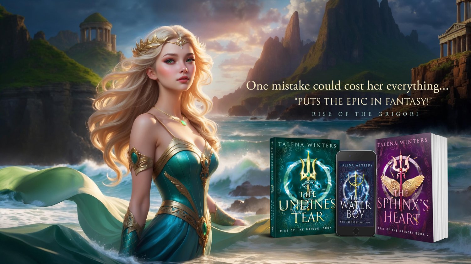 A blond mermaid princess wades through the sea in front of some Greek ruins at sunset. Three magical book covers hover in front. Tagline: One mistake could cost her everything... "Puts the epic in fantasy!" Rise of the Grigori