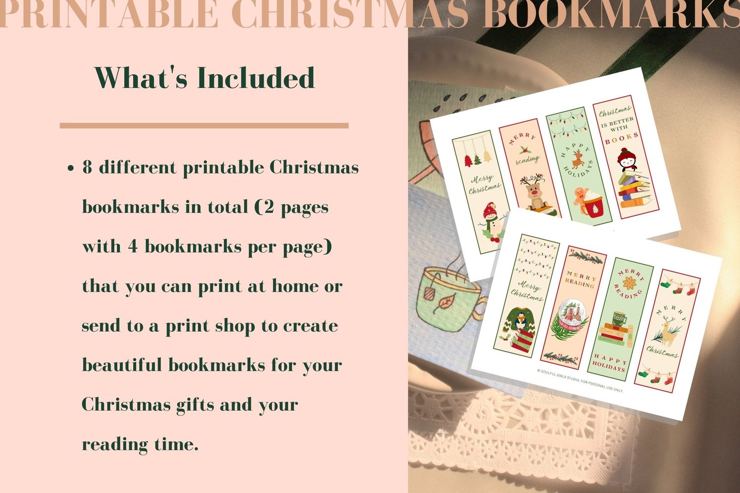 This bookmark collection includes 8 different printable Christmas bookmarks.