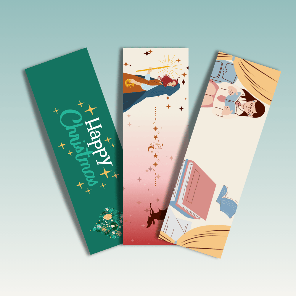Three bookmarks with unique designs. The first one, on the left, features a dark green background with the phrase 