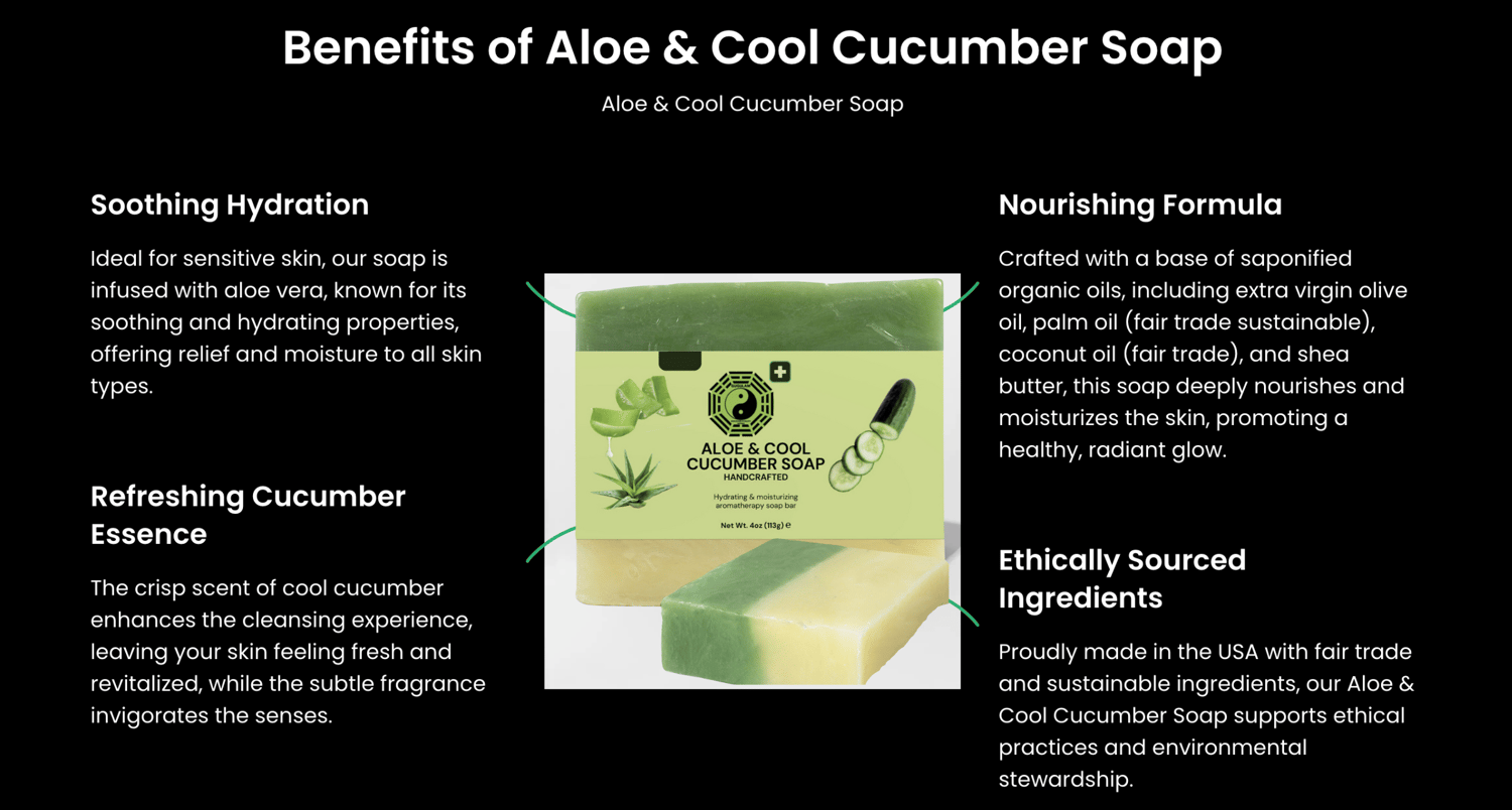 Cooling, anti-irritant cleanse. Experience the bright and lively scent of our Aloe & Cool Cucumber Soap, where the crispness of fresh-cut cucumber meets the sweet serenity of aloe leaf. This refreshing combination creates a rejuvenating aroma that invigorates the senses and revitalises the spirit with every use. Perfect for those seeking a soap that not only cleanses but also uplifts and refreshes the skin with nature's most invigorating scents.