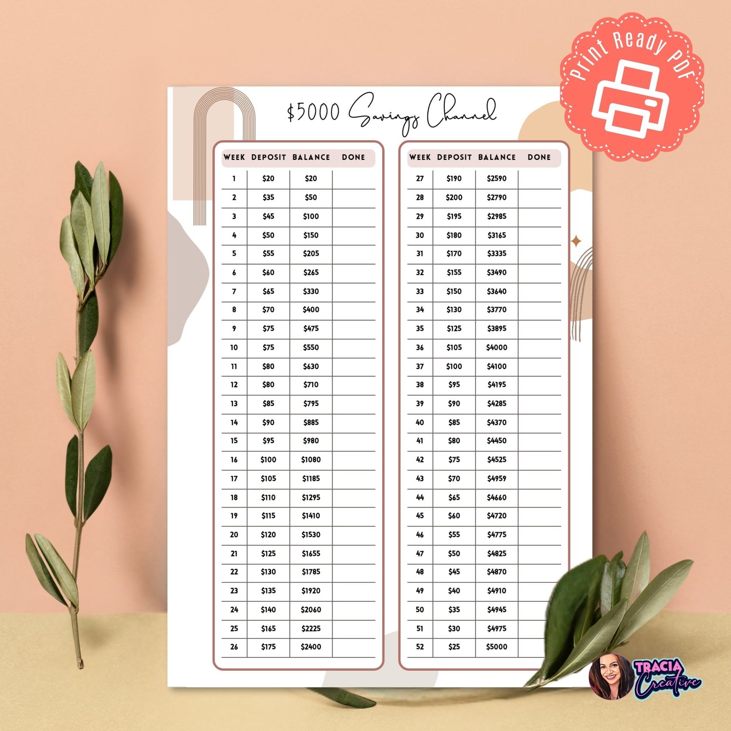 $5000 Savings Challenge Printable Planner Insert – Track & Save!