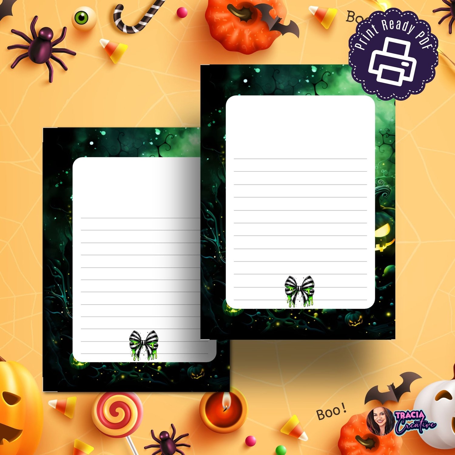 Halloween Postcard | Black & Green Skulls | Instant Download PDF | Spooky Greetings