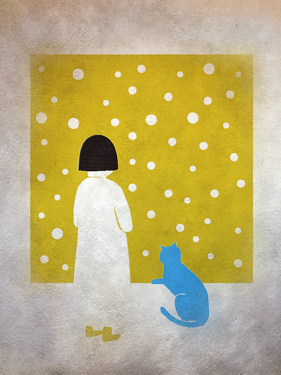 Óleo pared amarilla-niña y gato