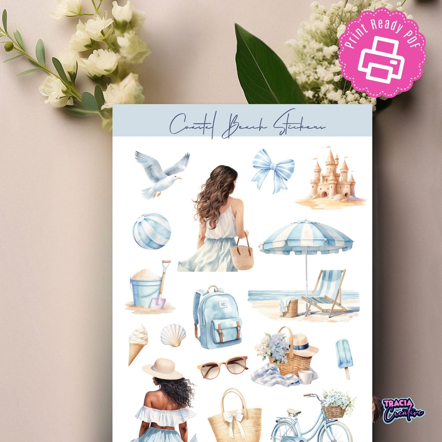 Printable Coastal Beach Sticker Sheet | 30+ Stickers | Tracia Creative