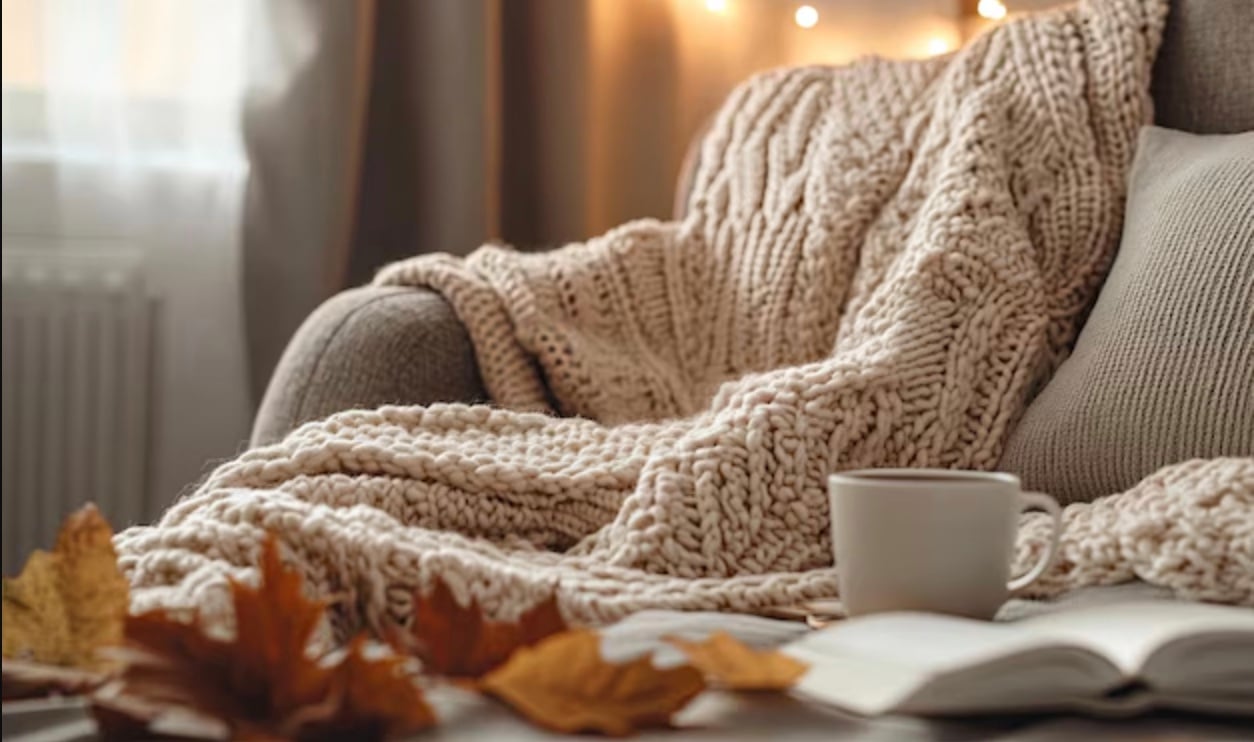 throw blanket over couch behind a table with an open book, a mug, and leaves on a table. warm cozy, setting.