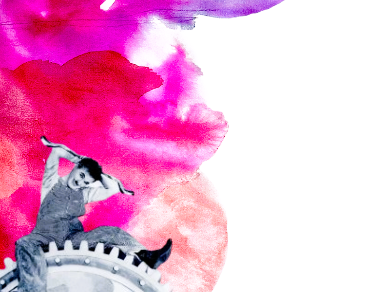 Charles Chaplin en Tiempos Modernos-engranaje-llave inglesa-nubes de colores rosáceos de fondo
