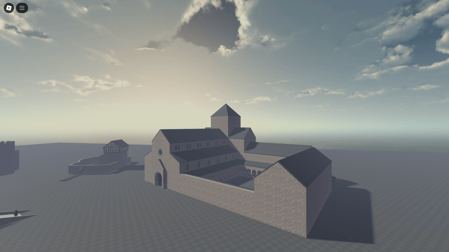 "Medieval Stronghold Pack featuring two castles, a monastery, and a fortified house, perfect for Roblox builds.