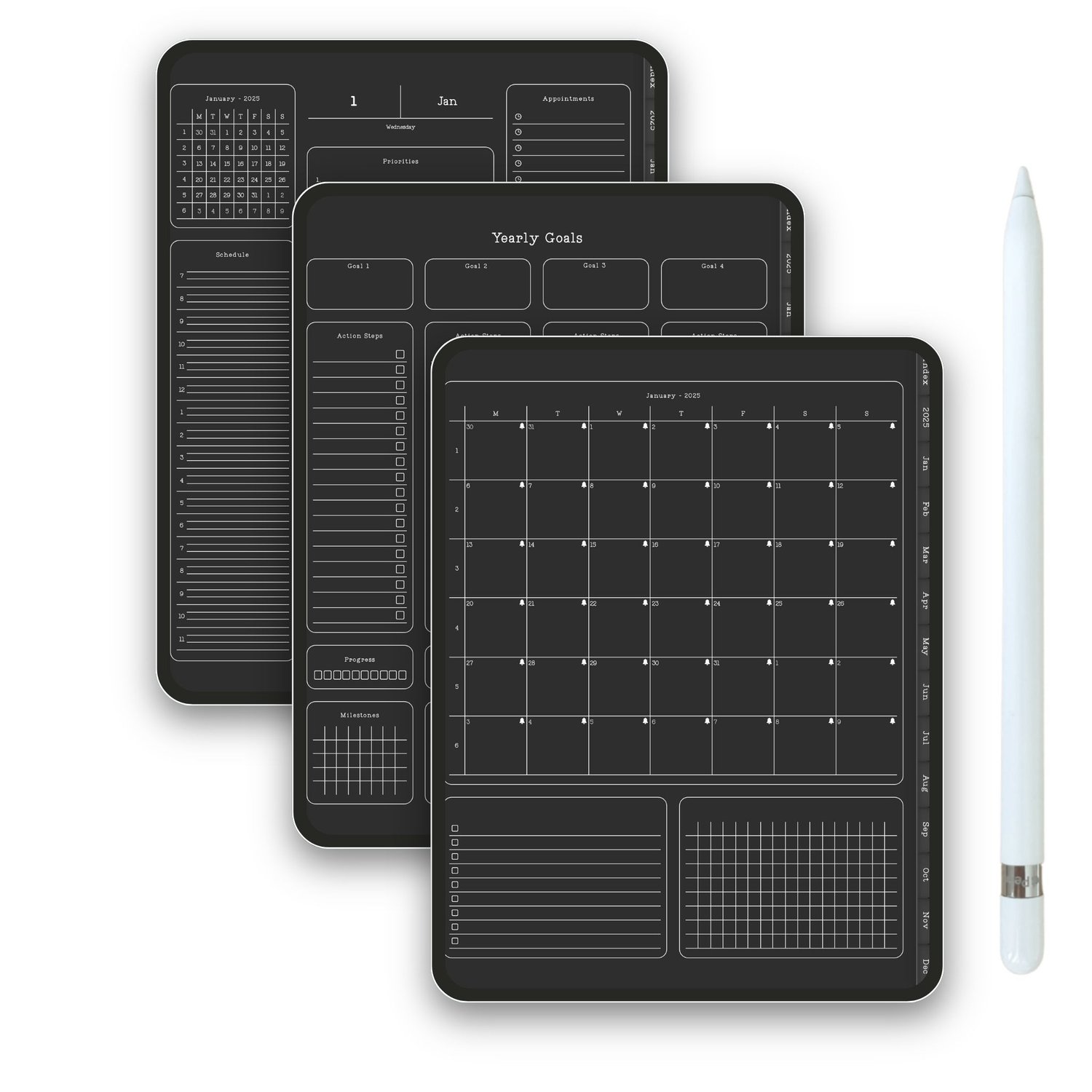 2025 Digital Planner – Google Calendar Integration in Dark Mode