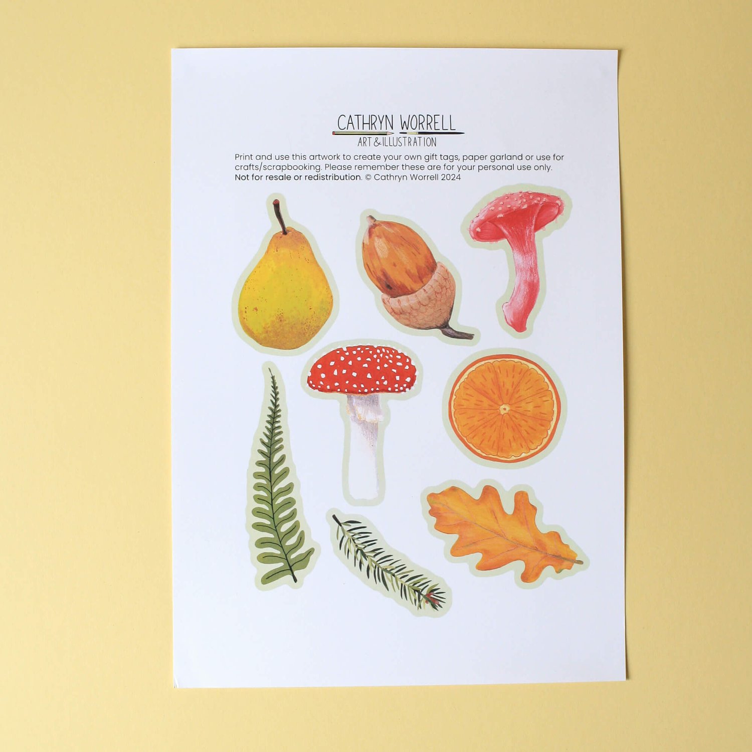 8 illustrations of leaves, fruit and mushrooms printed on an A4 sheet of paper