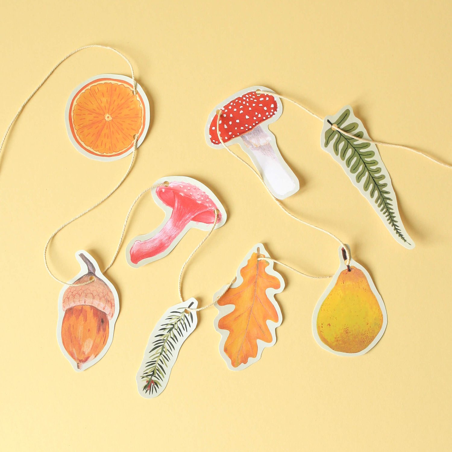 8 cut out paper illustrations of leaves, fruit and mushrooms threaded onto string