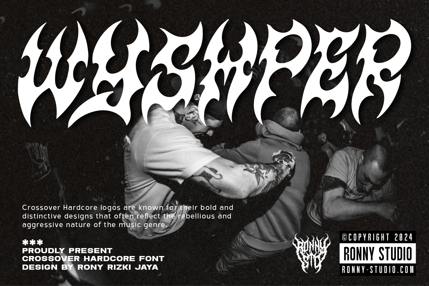 Wyshper font preview showcasing its bold and edgy crossover hardcore design. Perfect for logos, posters, and modern branding, this unique typography style enhances creativity and adds a professional touch to your projects.