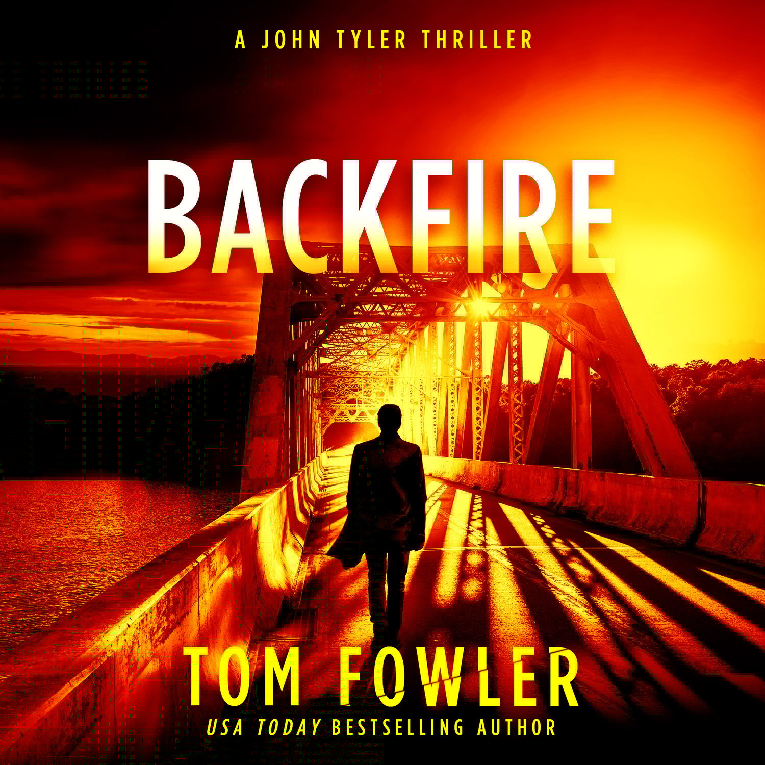 The audiobook cover of Backfire, depicting a man walking a cross a bridge with the sun lending a fire effect