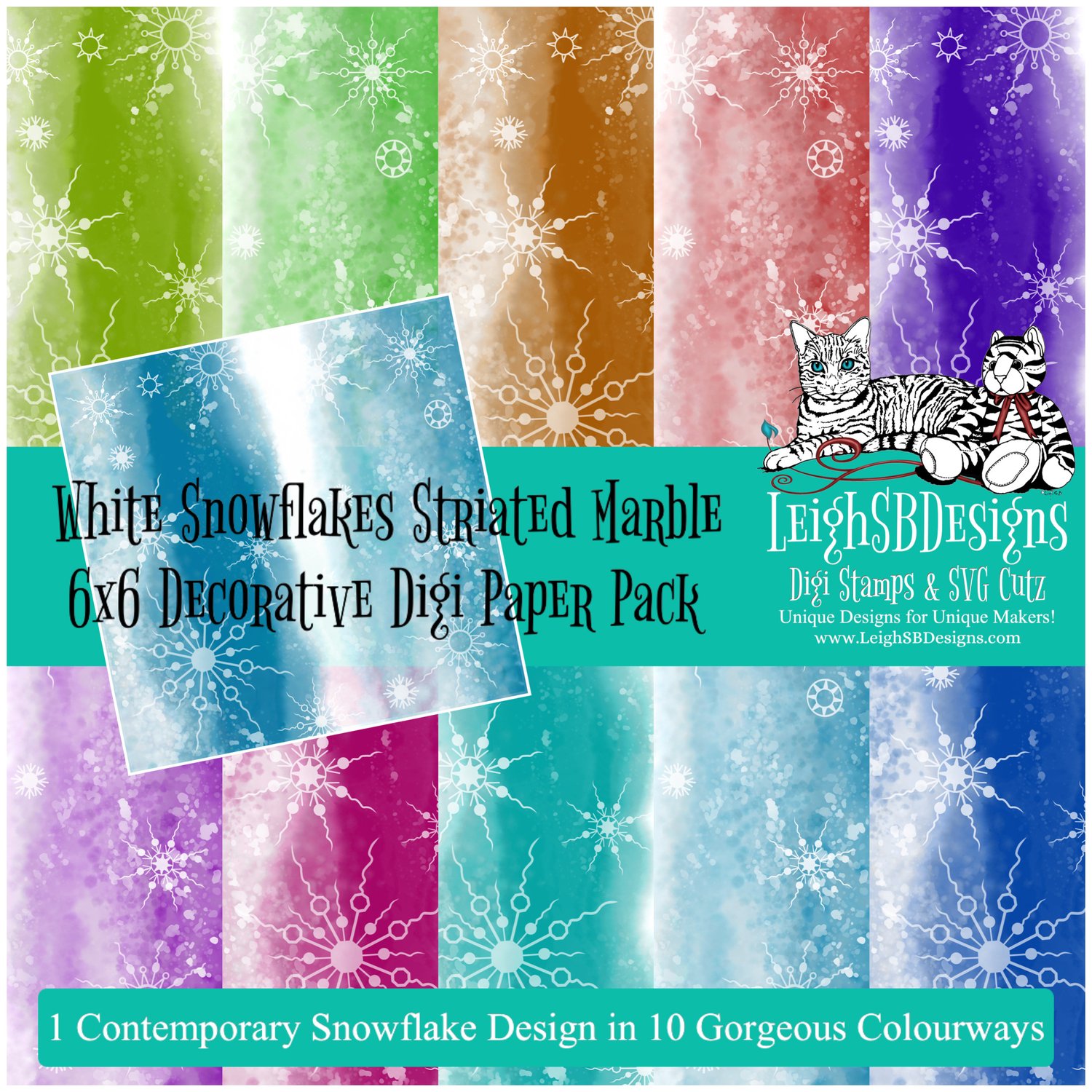 LeighSBDesigns White Snowflakes Striated Marble Decorative Digi Paper Pack