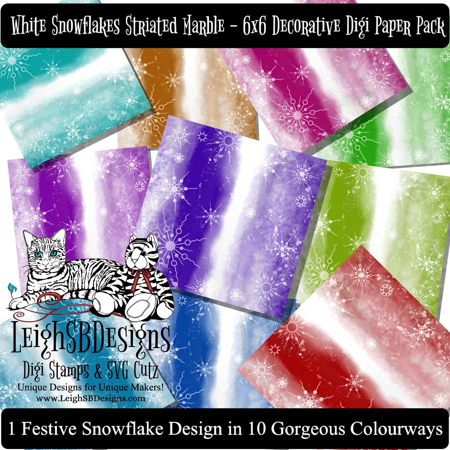 LeighSBDesigns White Snowflakes Striated Marble Decorative Digi Paper Pack