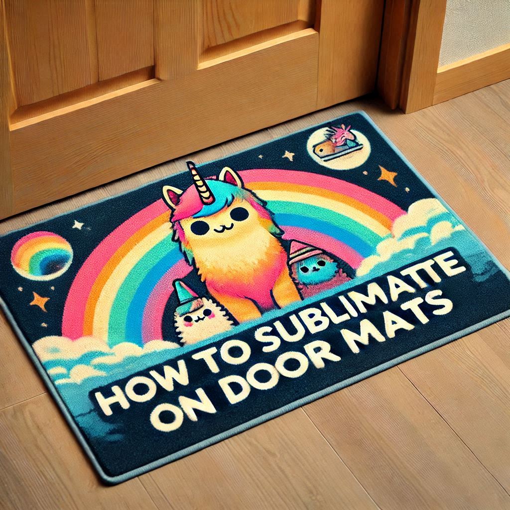 Image illustrating a complete guide on how to sublimate on door mats, featuring tools, materials, and step-by-step techniques for creating vibrant and long-lasting designs.