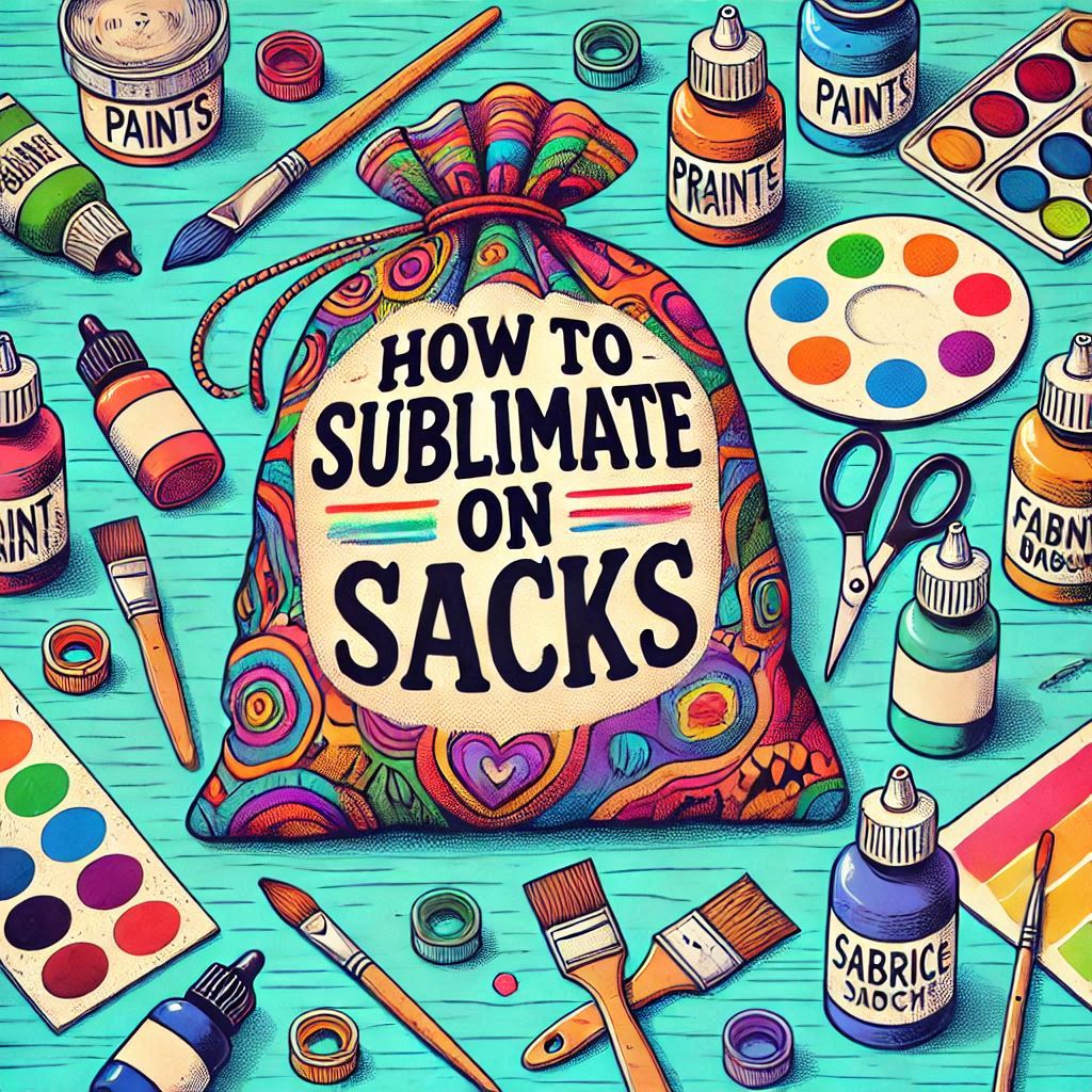 Image illustrating a complete guide on how to sublimate on sacks, featuring tools, materials, and detailed steps for creating vibrant and customized designs.