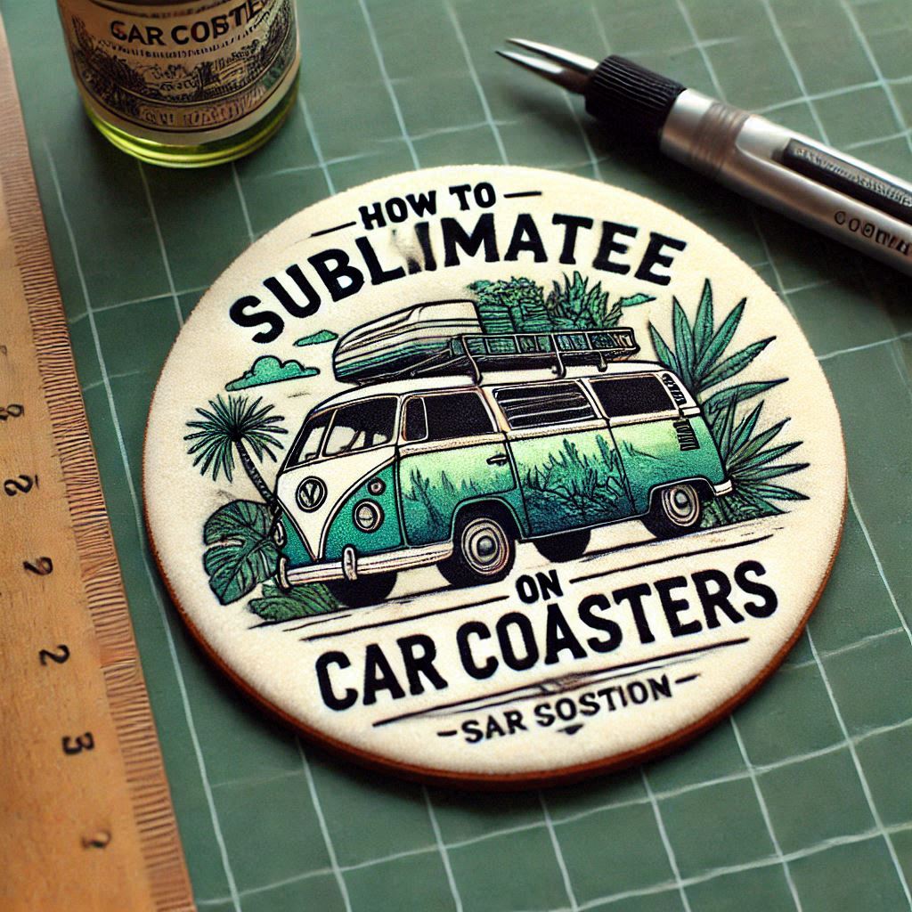Image showcasing a step-by-step guide on how to sublimate on car coasters, including tools, materials, and techniques for creating vibrant and personalized designs.