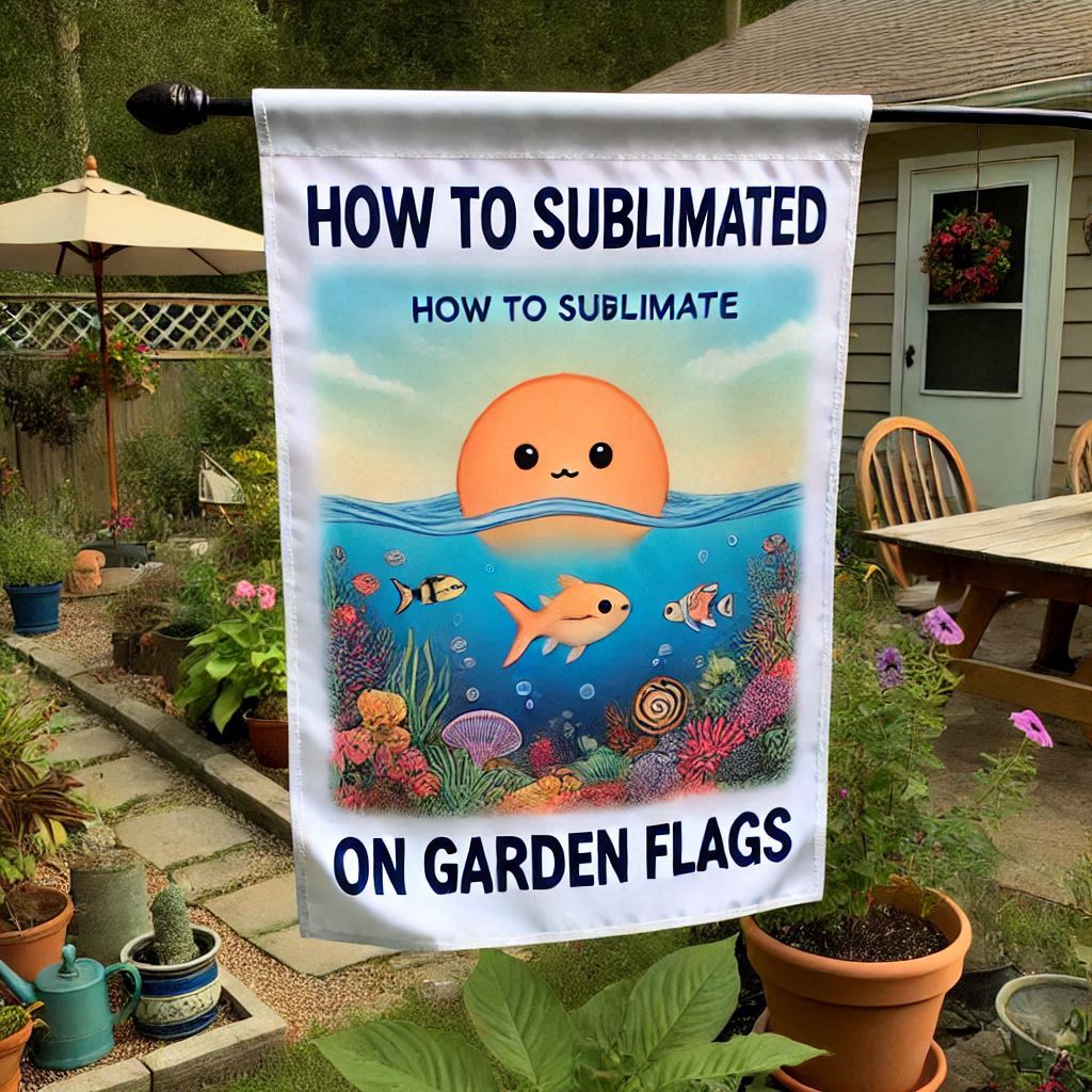 Image illustrating a step-by-step guide on how to sublimate on garden flags, featuring tools, materials, and techniques for creating vibrant and weather-resistant designs.