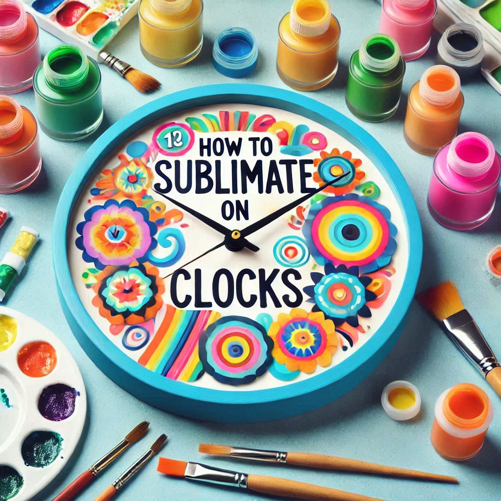 Image illustrating a step-by-step guide on how to sublimate on clocks, featuring tools, materials, and techniques for creating personalized timepieces with vibrant and custom designs.
