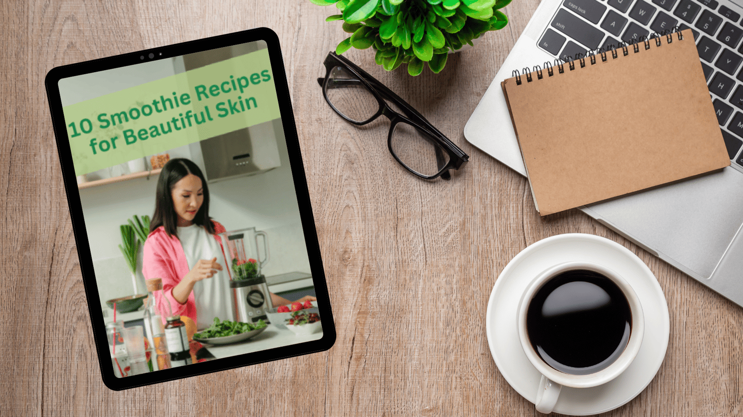 A woman in a pink shirt prepares a green smoothie in a modern kitchen, adding fresh spinach to a blender. The text "10 Smoothie Recipes for Beautiful Skin" is displayed in green at the top of the image. Fresh ingredients like berries, greens, and suppleme