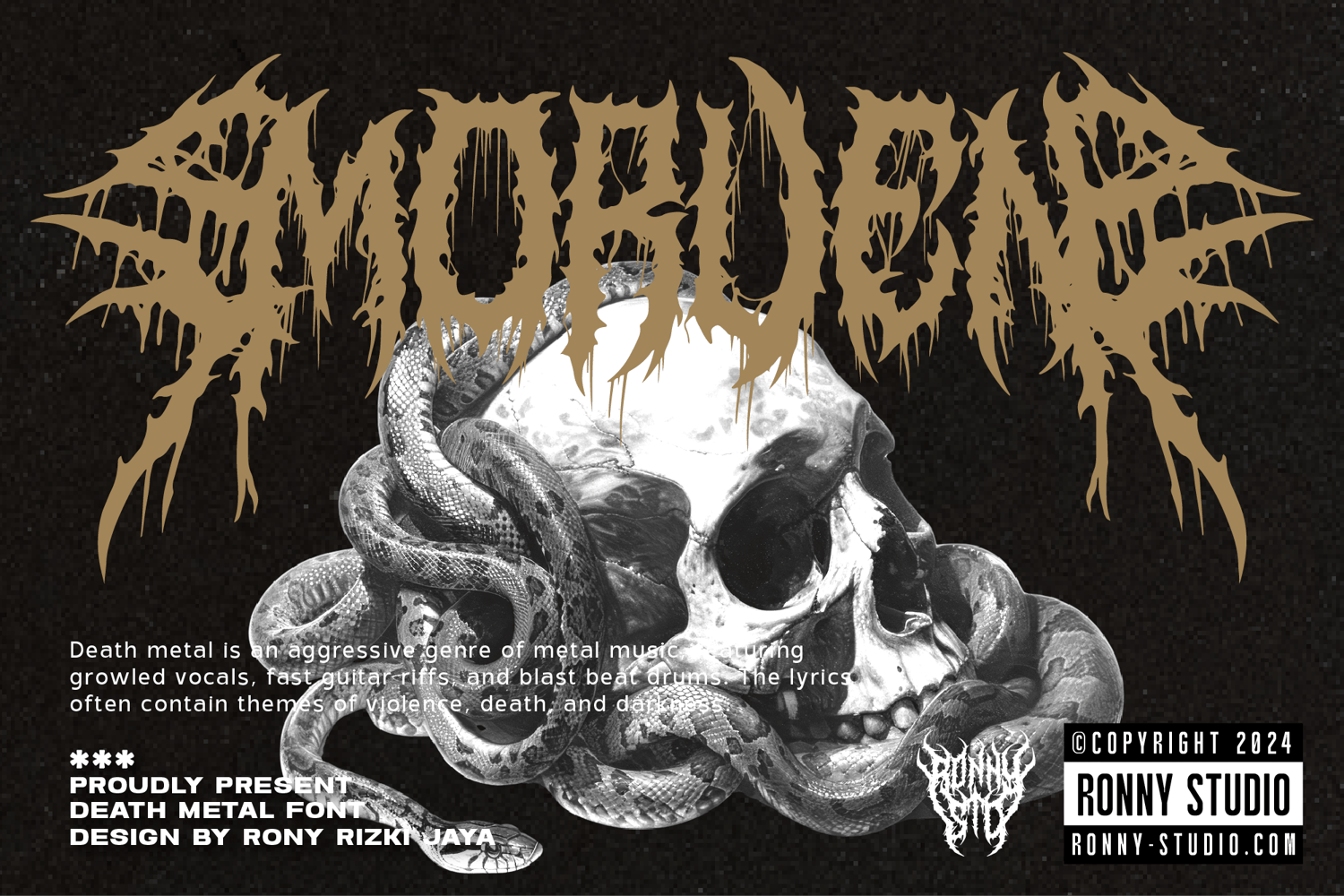 Smorden metal font with dripping and sharp gothic design, perfect for band logos, album covers, and dark-themed artworks.