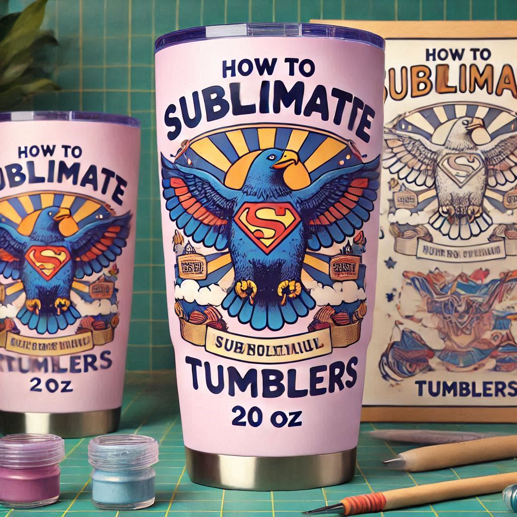 Image showcasing a step-by-step guide on how to sublimate on a 20oz tumbler, featuring tools, materials, and techniques for creating custom drinkware with vibrant and personalized designs.
