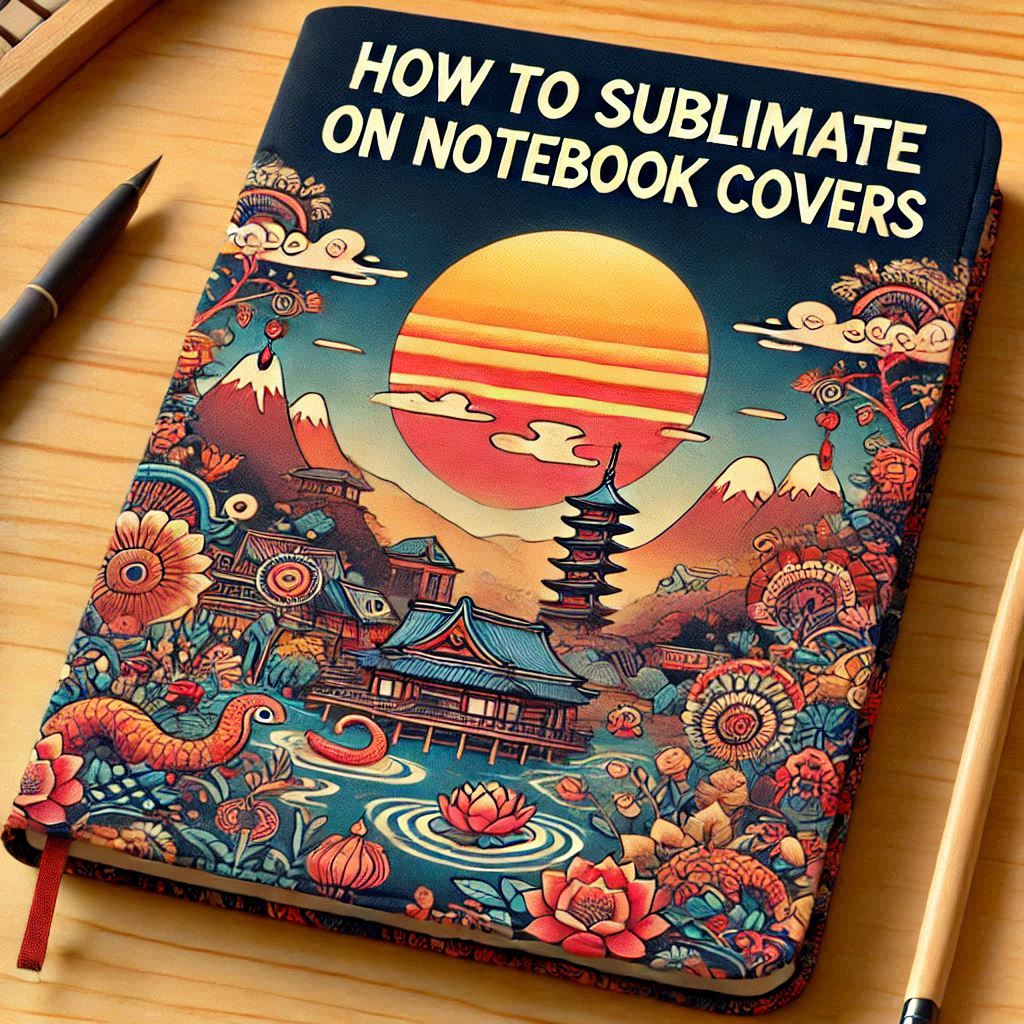 Image illustrating a step-by-step guide on how to sublimate on notebook covers, featuring tools, materials, and techniques for creating custom designs with vibrant and personalized artwork.