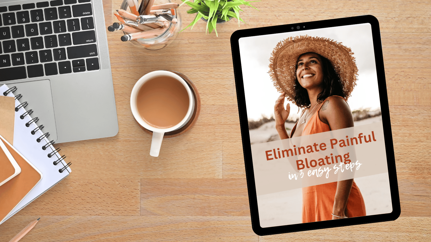 A smiling woman in an orange dress and straw hat stands on a sandy beach, looking relaxed and confident. The text "Eliminate Painful Bloating in 3 Easy Steps" overlays the image, promoting a health guide on reducing bloating and improving digestion natura