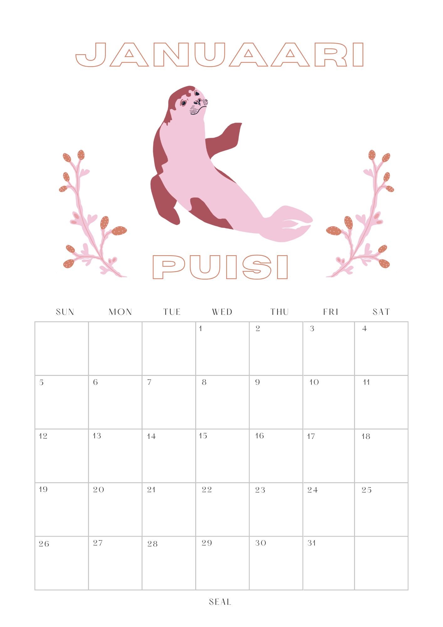 Calender showing the month of January in Greenlandic, with a seal illustration and the word 'Puisi' underneath
