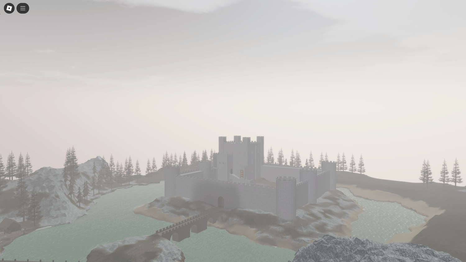 1300s English castle set on a water-surrounded island, perfect for Roblox medieval games and roleplay.